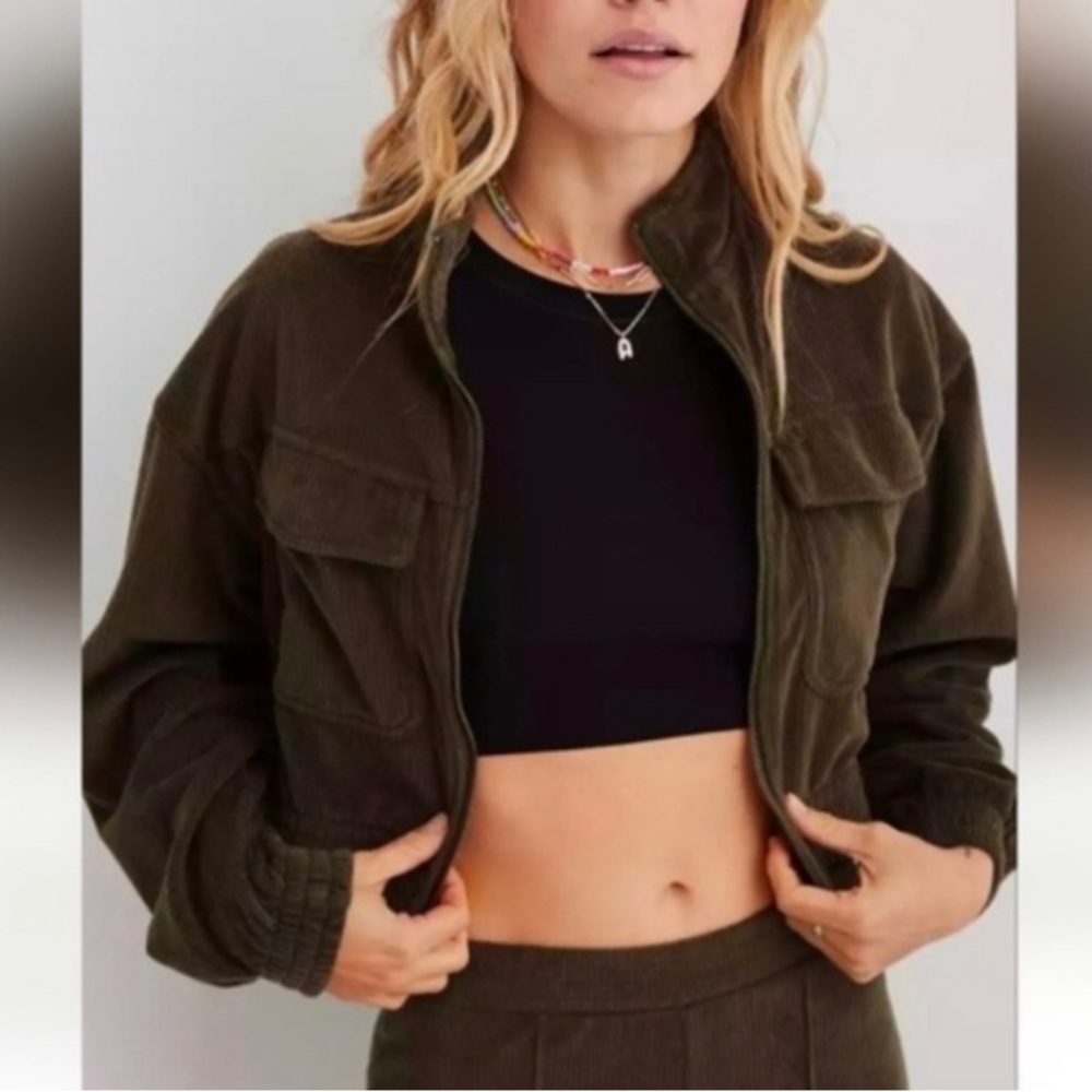 Aerie Olive Green Corduroy Zip-Front Jacket